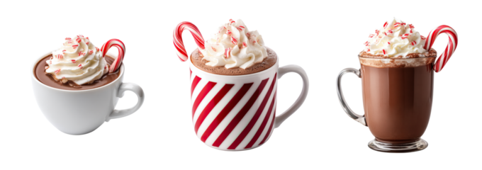 Festive hot chocolate with whipped cream and candy cane garnish in three mugs, cozy holiday beverage scene with warm seasonal treat