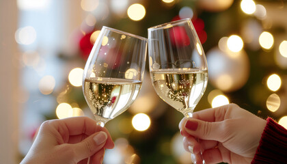 Two Wine Glasses Toasting in Front of Christmas Tree — Festive Celebration Photography