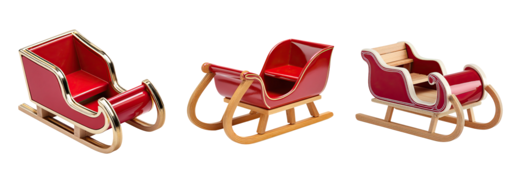 Red wooden sleigh with gold trim and curved runners, festive holiday decoration evoking cozy winter celebration