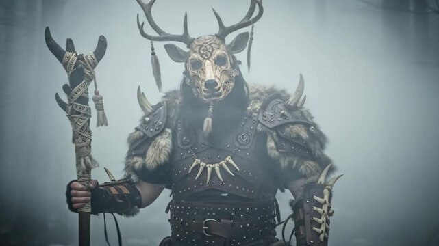 Man in pagan shaman deer mask and fur armor holding staff in foggy forest for ritualistic winter solstice