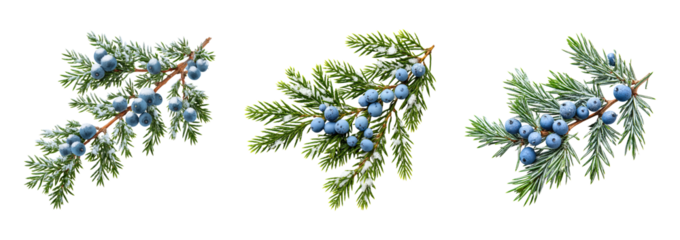 Juniper branch with blue berries and snow, evergreen foliage, winter botanical sprig, frost covered conifer