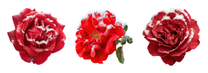 Red rose flowers dusted with snow create delicate winter contrast, close up botanical study with vivid red petals and frosty texture