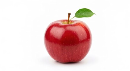 Shiny red apple, stem up with a single green leaf, on a white seamless background