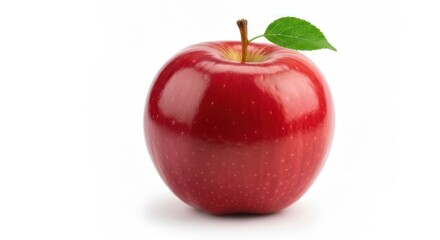 Shiny, smooth, red apple with a stem and single green leaf on a white backdrop