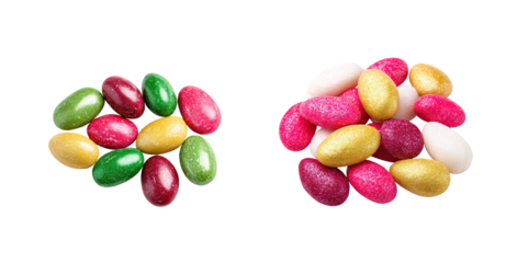 Colorful candy almond dragee piles with glossy sugar coating and sparkling texture, festive confection assortment evoking celebration and joy