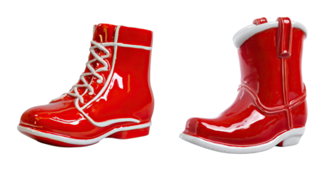 Red glossy ceramic boot sculpture pair with white trim, reflective surface and decorative laces creating playful holiday decor