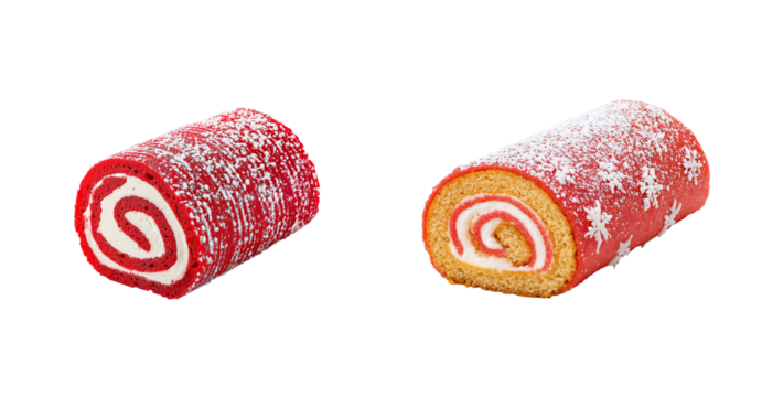 Festive red cake rolls with creamy swirl filling dusted with powdered sugar, ideal for holiday dessert table or seasonal celebration