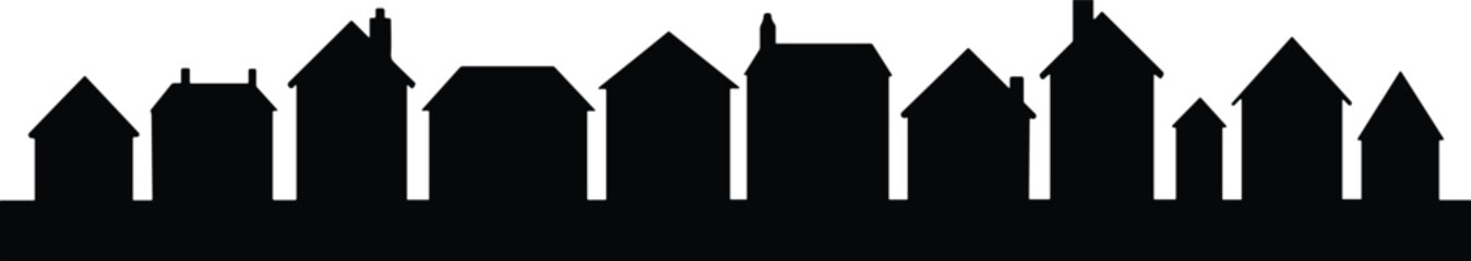 Black silhouette row of residential houses and cottages vector illustration isolated on white for real estate and neighborhood design.