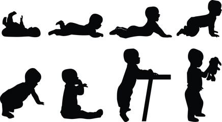 Baby growth stages silhouette set featuring infant crawling sitting and standing toddler walking vector illustration isolated on white background.