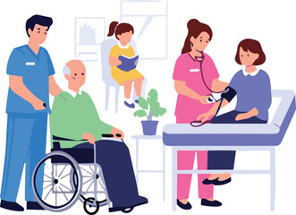 Busy hospital scene with nurse checking woman's blood pressure and male nurse assisting elderly man in wheelchair vector illustration.