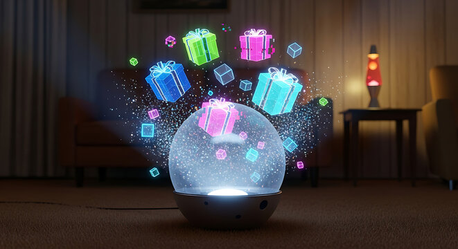 Magical Snow Globe Projecting Colorful Gifts into the Air.