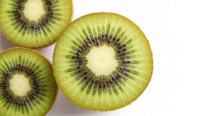 Fototapeta premium Three kiwi slices arranged on a clean, white surface with bright natural light