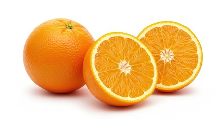 Three oranges one whole, one cut in half, isolated on a white surface