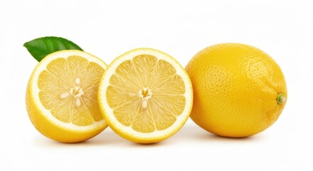 Three lemons, one sliced showing segments, bright yellow, and a green leaf