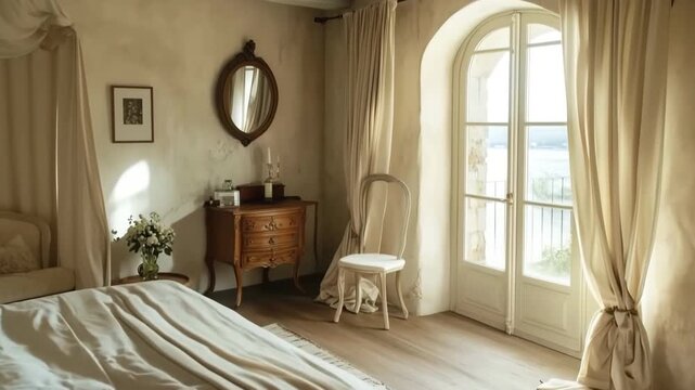 A serene country french bedroom with soft natural light, featuring a bed with rumpled white linens, a wooden dresser, a round mirror, and a chair near a large window with flowing curtains
