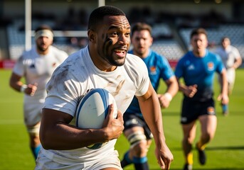 Rugby player in action running with ball during competitive match on outdoor field