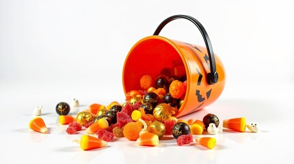A small orange halloween bucket with a black pumpkin face design tipped over spilling assorted Halloween candies, mix of candy corn, gummy worms, gold foil-wrapped chocolates.