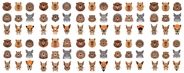 A Cute Seamless Pattern of Cartoon Rodent and Small Mammal Animal Faces: Beaver, Hedgehog, Capybara, Chinchilla, and Mara Head Portraits. © Payandu
