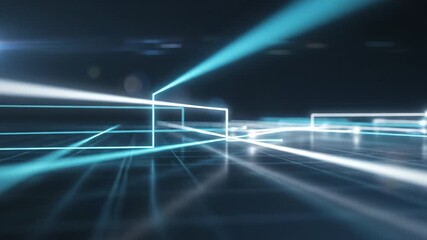 Futuristic digital light beams and glowing neon geometric shapes crossing dark space with abstract technology, digital grid background, and lens flare effects creating immersive glowing technology - Powered by Adobe