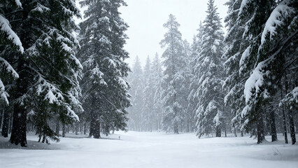 Snowy forest scene with tall trees covered in fresh snow on a winter day