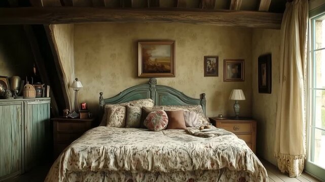 A cozy country french bedroom featuring a large bed with a floral patterned bedspread, wooden beams on the ceiling, and soft lighting from bedside lamps, creating a warm and inviting atmosphere