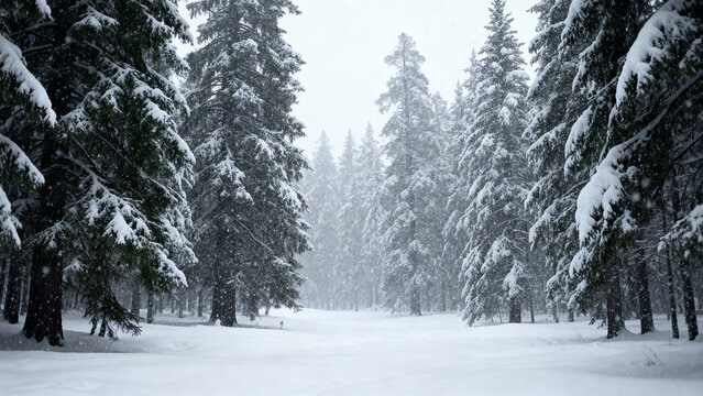 Snowy forest scene with tall trees covered in fresh snow on a winter day