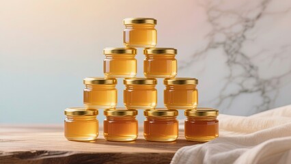 A neatly arranged pyramid of small glass honey jars with golden lids filled with rich amber honey against the beautiful background.