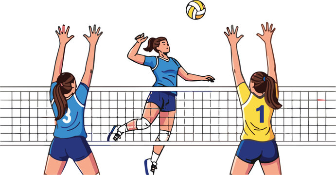 Active female volleyball players competing at net with powerful spike against double block defense in sports match vector illustration.