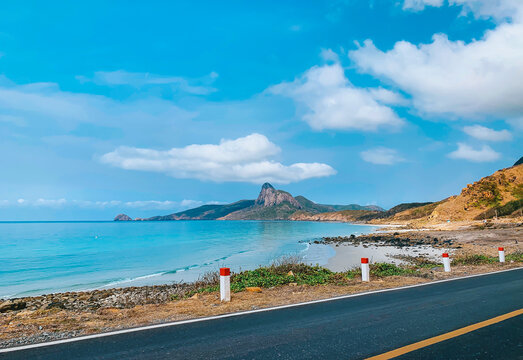Beautiful Landscape With Coastal Road And Mountain In Con Dao Island, Vietnam. Con Dao Island Is An Ideal Off The Beaten Path Beach Destination In The South Of Vietnam.