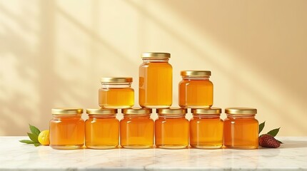 A neatly arranged pyramid of small glass honey jars with golden lids filled with rich amber honey against the beautiful background.