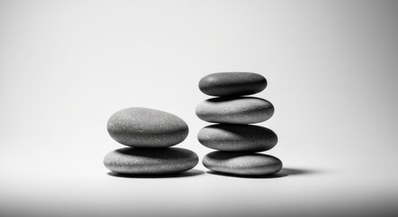 Two stacks of smooth, gray stones balanced against a white background