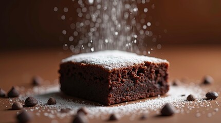 Delicious chocolate brownie dusted with powdered sugar on a brown background presenting a tempting dessert delight.