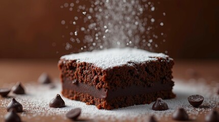 Delicious chocolate brownie dusted with powdered sugar on a brown background presenting a tempting dessert delight.