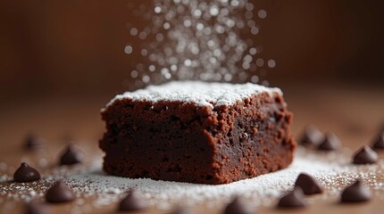 Delicious chocolate brownie dusted with powdered sugar on a brown background presenting a tempting dessert delight.