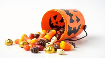 A small orange halloween bucket with a black pumpkin face design tipped over spilling assorted Halloween candies, mix of candy corn, gummy worms, gold foil-wrapped chocolates.