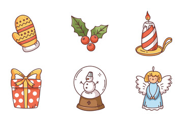 Colorful Christmas icons including mitten, holly, candle, gift, snow globe, and angel.