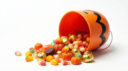 A small orange halloween bucket with a black pumpkin face design tipped over spilling assorted Halloween candies, mix of candy corn, gummy worms, gold foil-wrapped chocolates.