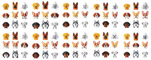 Repeating seamless pattern of diverse, cute dog breed faces in modern flat design vector style. © Payandu