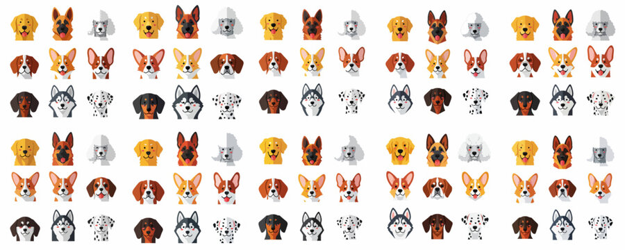 Repeating seamless pattern of diverse, cute dog breed faces in modern flat design vector style.