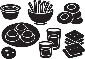fried snacks with dipping sauce, French fries bowl, egg topped croquettes, cookie snacks, glass cups, food silhouette vector