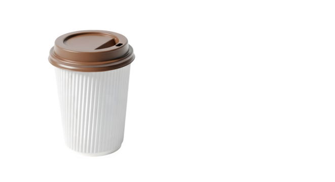 White reusable coffee cup with brown lid isolated on transparent background
