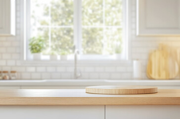 Empty Round Wooden Cutting Board on Kitchen Countertop with Bright Modern Interior Background Mockup