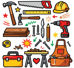 Carpenter Doodle Flat Illustration Set