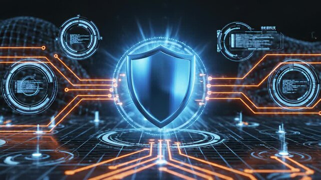 Futuristic Shield of Digital Security Radiates Innovative Protection Concept Perfect for Cutting Edge Technology Safeguarding Valuable Assets or Information, Ideal for Commercial Uses Such as.