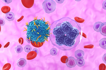 CAR T cell therapy in T cell lymphoma - closeup view 3d illustration