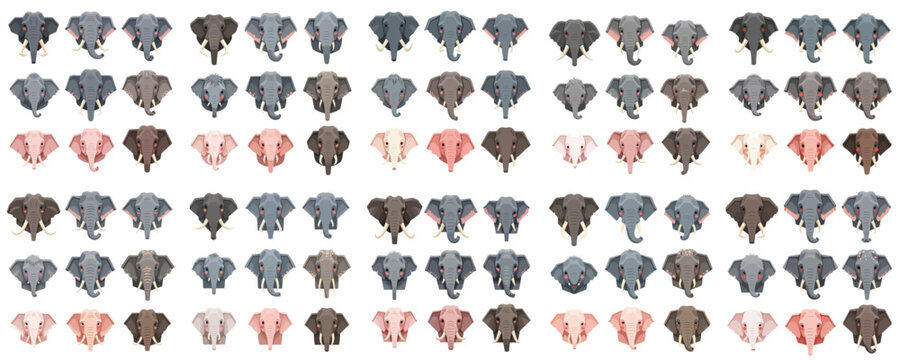 A collection of diverse elephant head illustrations in various colors and styles, featuring adult, baby, African, and Asian elephants, isolated on white.