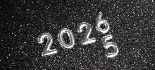 Silver 2026 Numbers on Sparkling Black Glitter Background New Year Celebration Concept.Shiny Black Glitter Background, Festive Sparkling Holiday Scene for New Year, Christmas, Celebration 