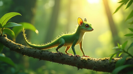 Fototapeta premium Lush Green Jungle Dweller: Vibrant Fantasy Lizard Perched on a Vine in Sunlit Canopy