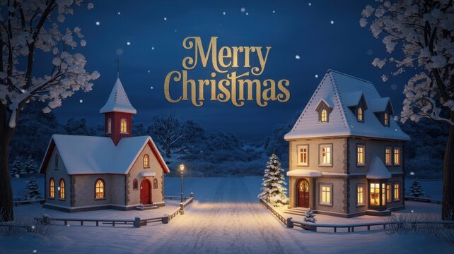 Cozy winter village scene with snowcovered houses and church under a starry night sky with merry christmas text - Powered by Adobe