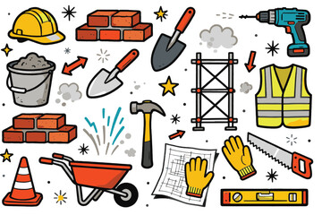 Construction Worker Doodle Flat Set